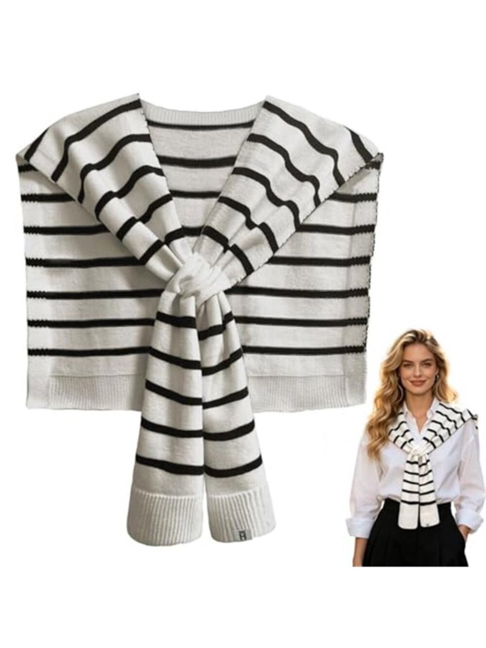 Women's Black White Striped Knit Shawl Sweater Wrap Lightweight Shoulder Scarf